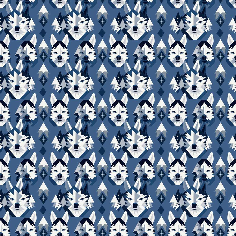 Nordic Husky Dog and Trees Winter Style Blue Background