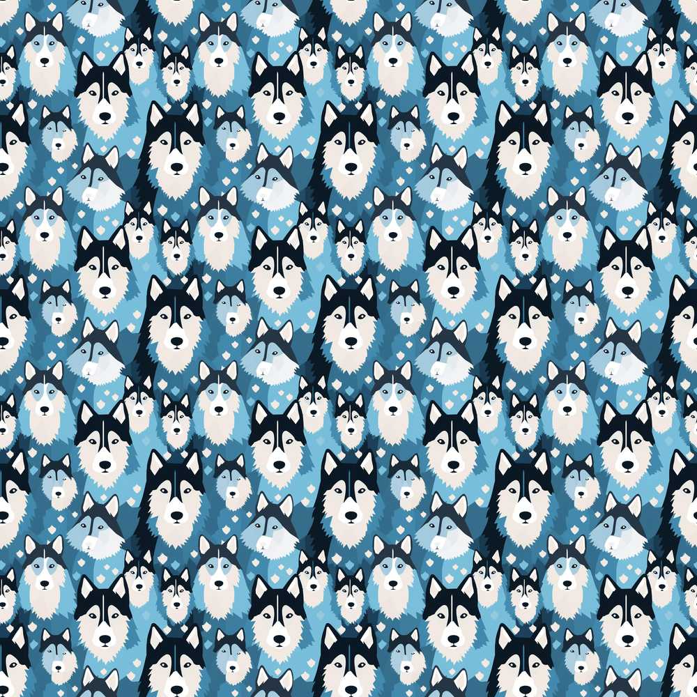 Cute Cartoon Husky Dog Faces Blue Heart Background