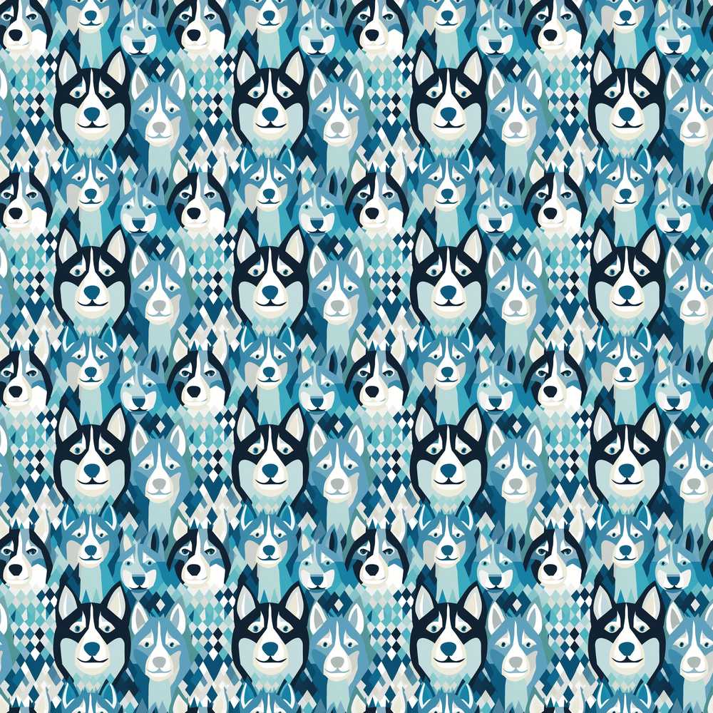 Argyle Style Husky Dog Faces Blue Geometric Background