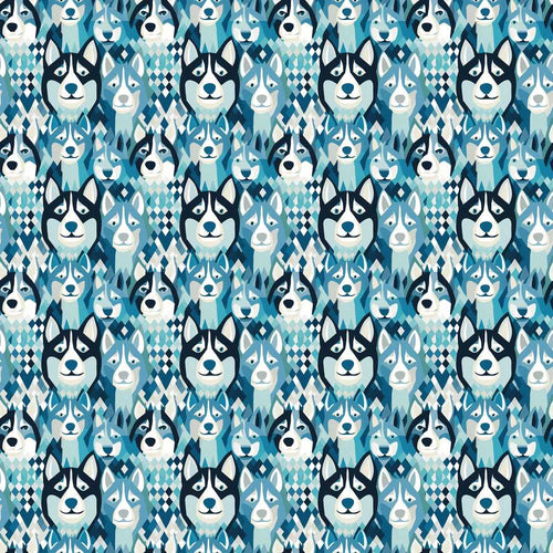 Argyle Style Husky Dog Faces Blue Geometric Background