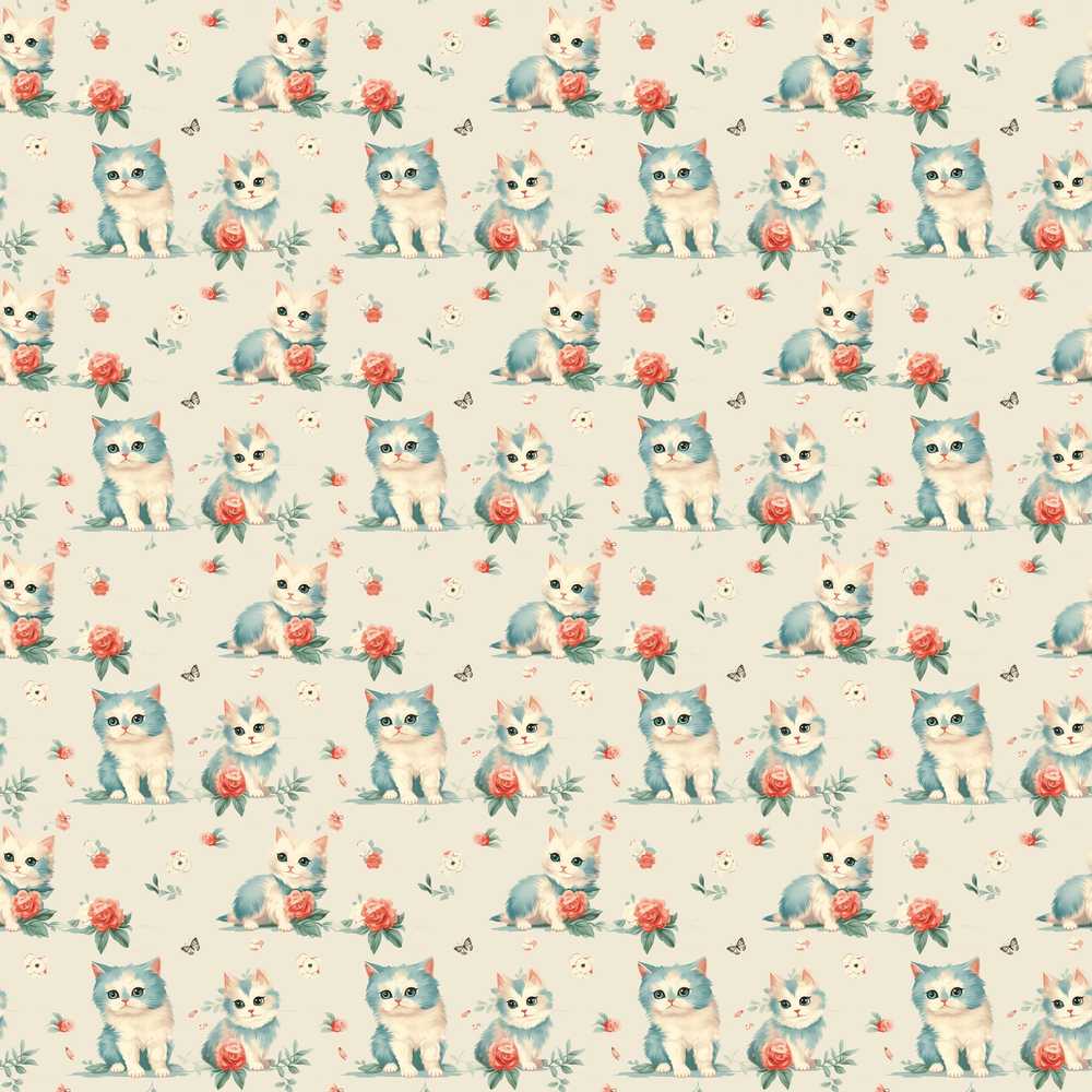 Cute Blue White Kitten with Roses Vintage Floral Background