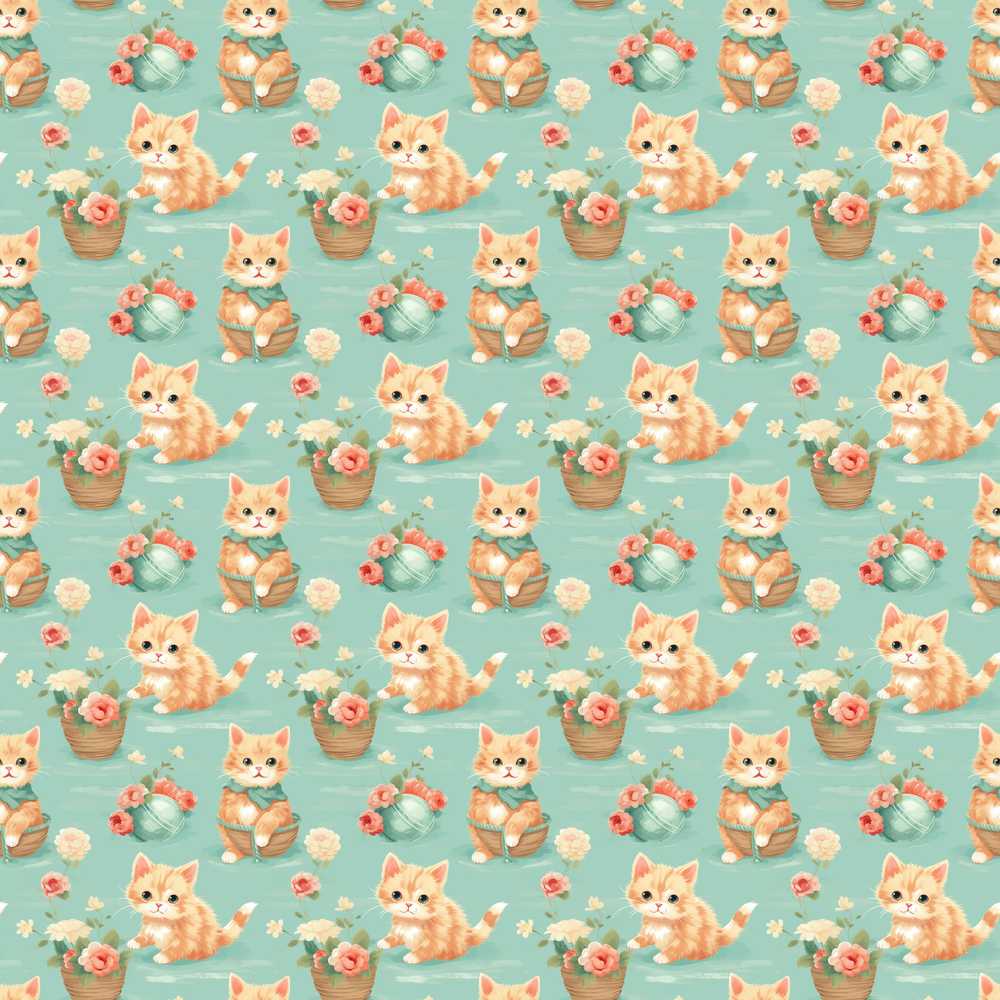 Cute Ginger Kitten with Flowers Basket Soft Teal Background