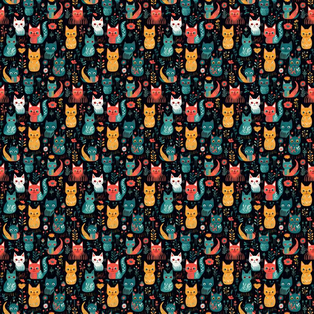 Cute Folk Art Cats Night Background Colorful Kitten