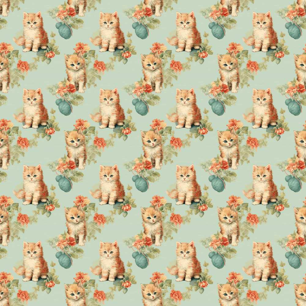 Cute Kitten with Yarn and Flowers Soft Vintage Background