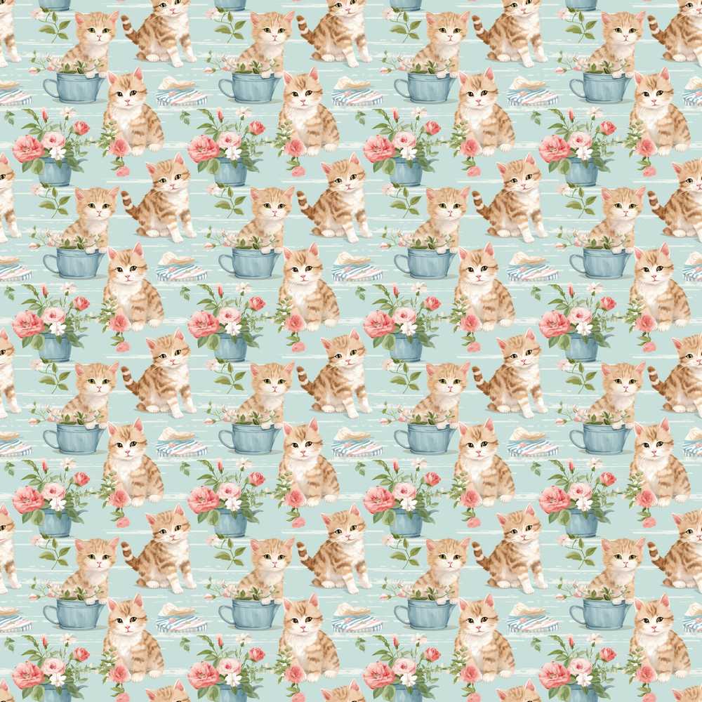 Vintage Kittens with Teacups and Flowers Soft Blue Background