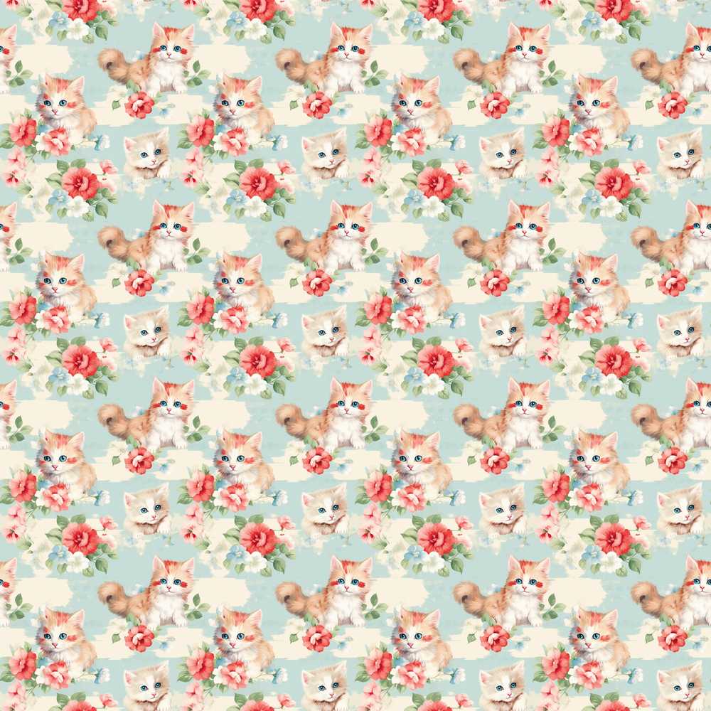 Cute Cream Kittens with Floral Clouds Pastel Sky Background