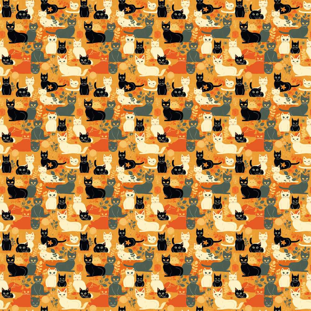 Style Cats Autumn Leaves Warm Orange Background Wildflower Pattern