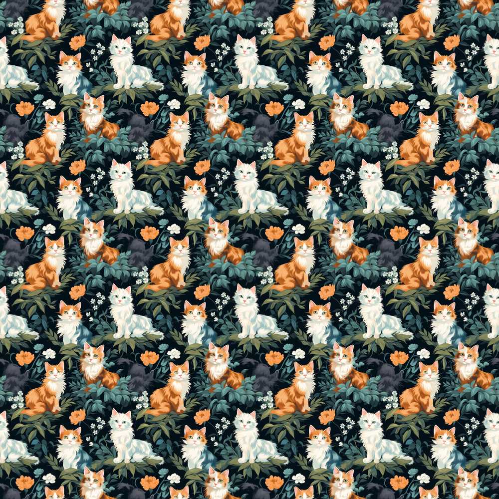 Cute Floral Garden Cats with Dark Botanical Background Wildflower