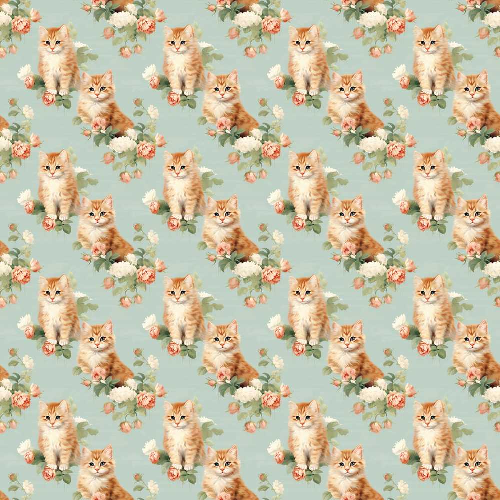 Vintage Style Kittens with Roses Soft Blue Background Wildflower