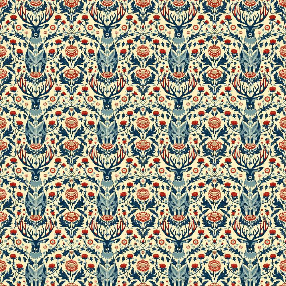 Decorative Deer and Floral Folk Art Pattern Cream Background