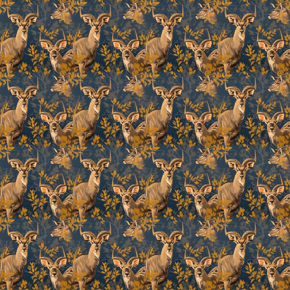 Majestic Kudu Antelope with Golden Leaves Dark Blue Background