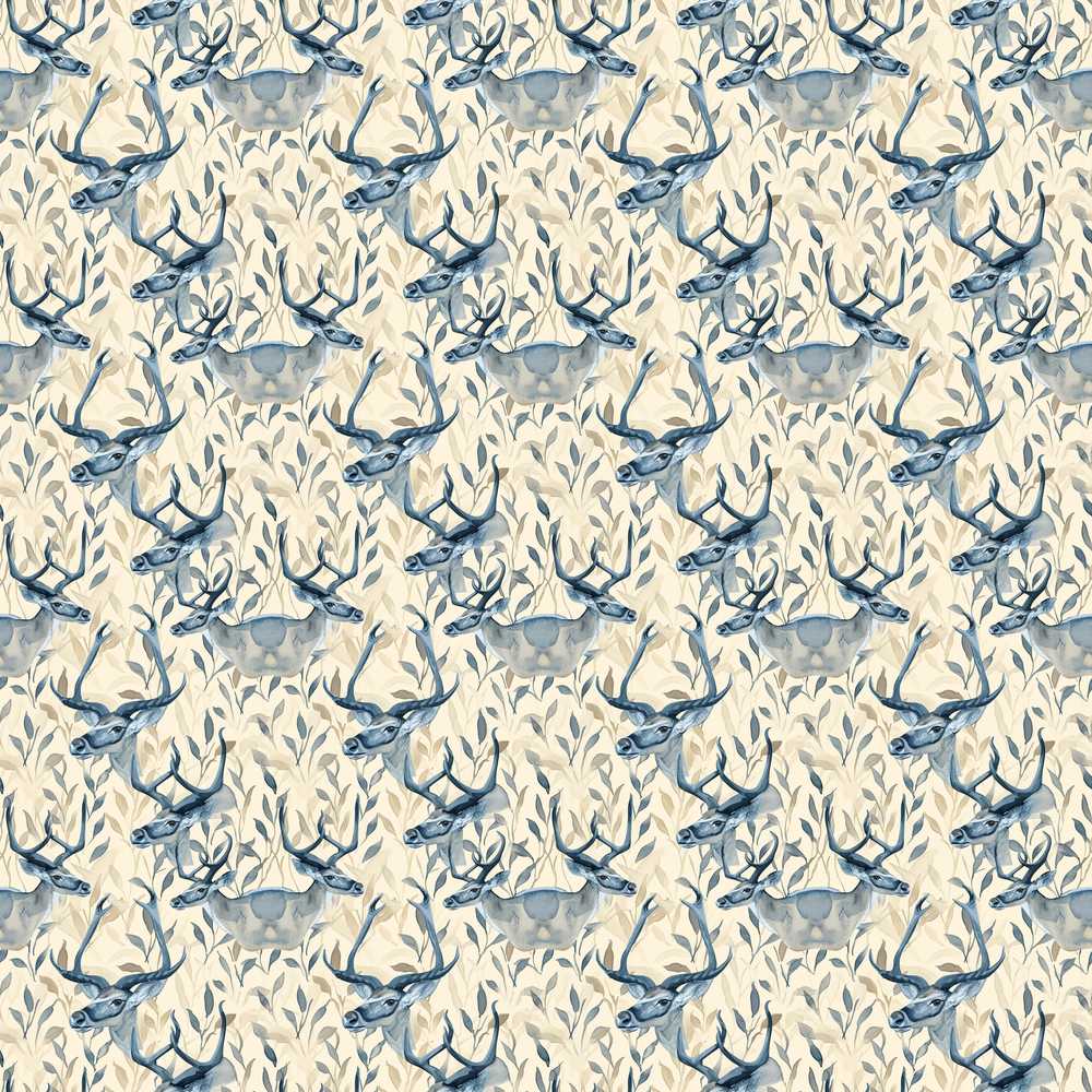 Elegant Blue Deer with Botanical Leaves Soft Beige Background