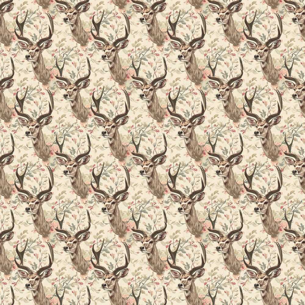 Vintage Deer Illustration with Floral Branche Cream Background Wildflower
