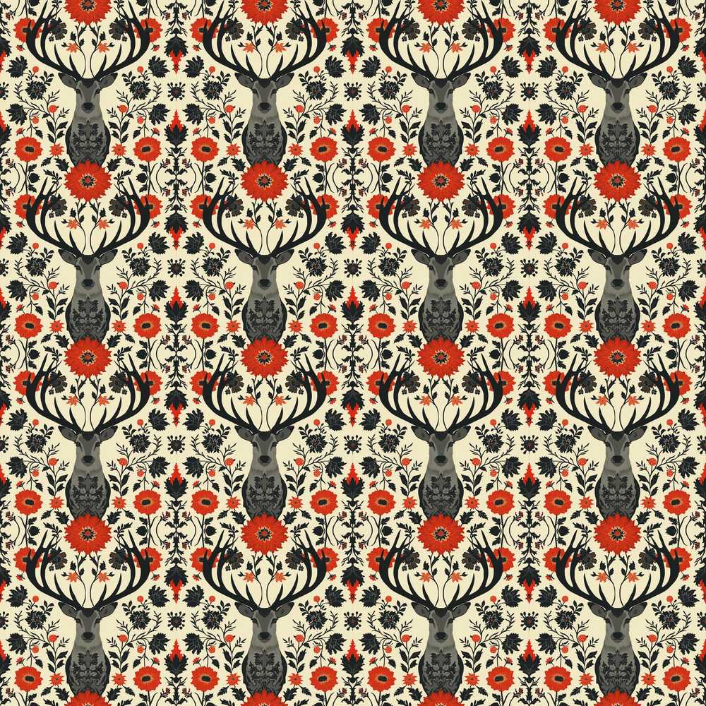 Decorative Stag with Red Flowers Folk Art Style Wildflower