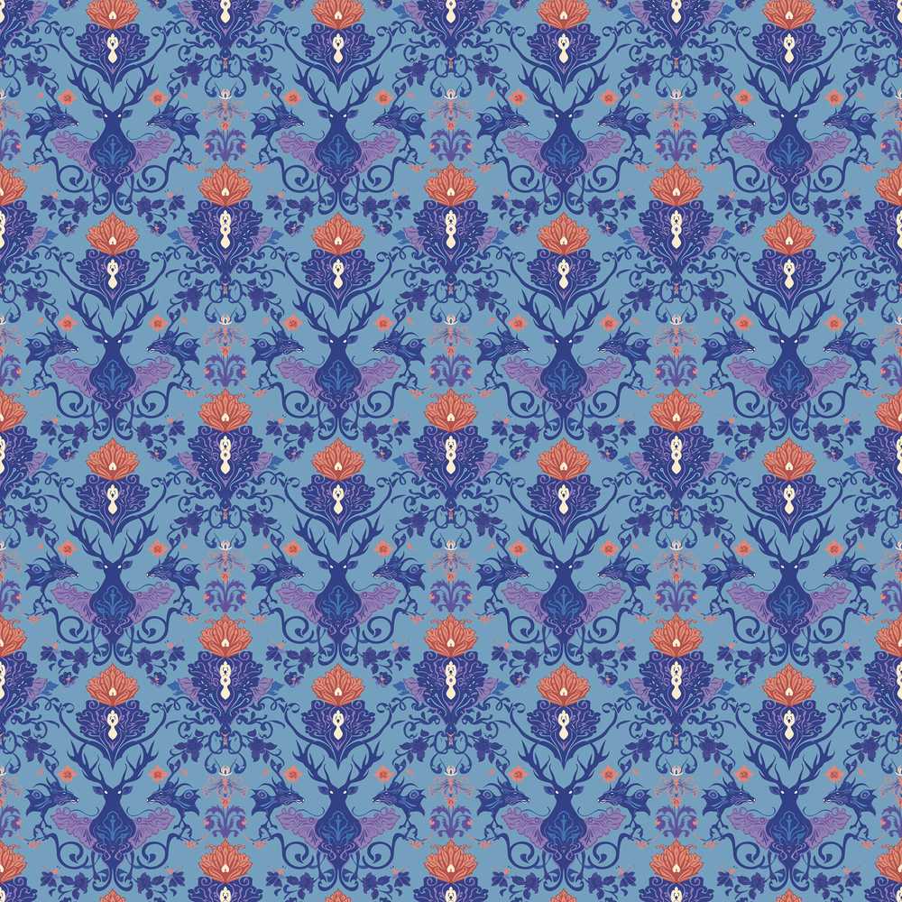 Ornate Damask Deer with Floral Motifs Blue Background Wildflower