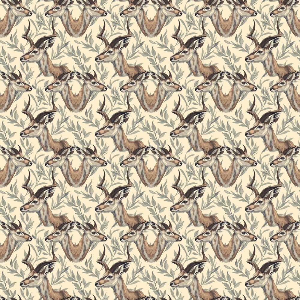 Natural Gazelle with Botanical Leaves Neutral Background Wildflower Pattern