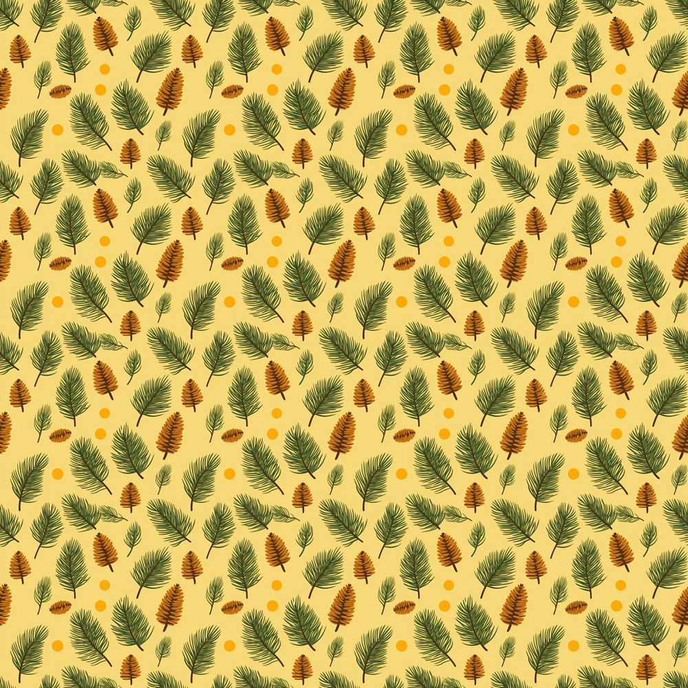 Autumn Pine Cones and Green Fir Leaves Wildflower Pattern