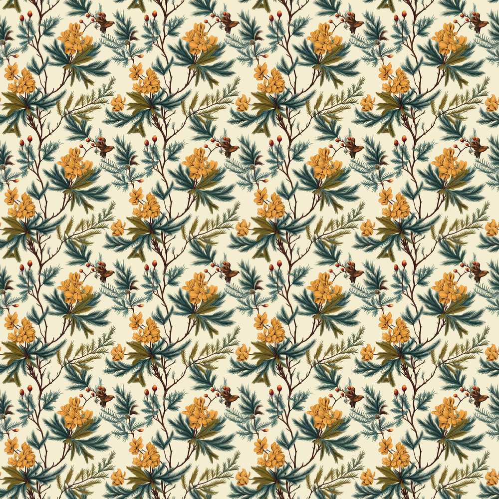 Botanical Pine Branches with Flowers Wildflower Pattern