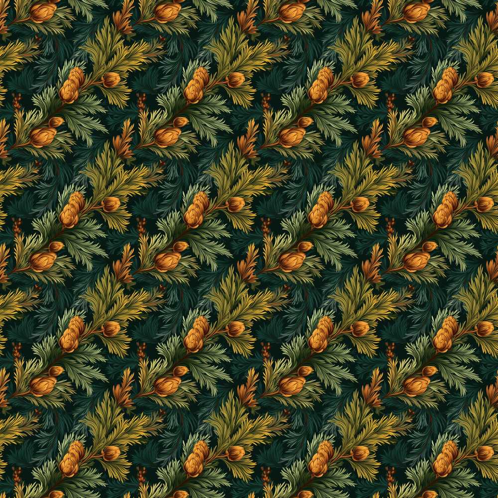 Dark Evergreen Pine Branches with Cones Decorative Repeat