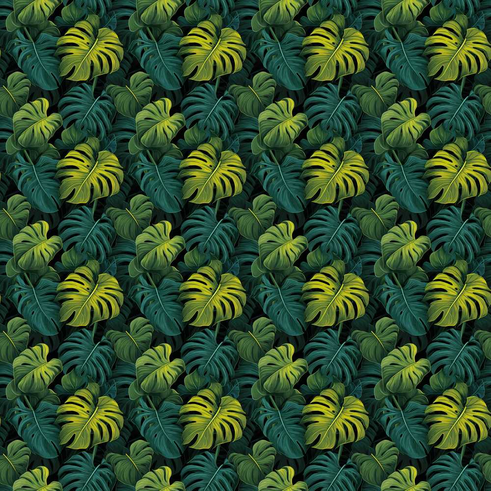Dark Tropical Monstera Leaves with Yellow Highlights Wildflower Pattern