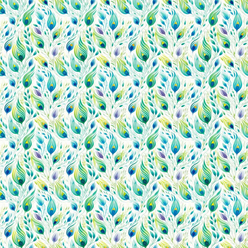 Colorful Peacock Feathers with Soft Botanical Elements Wildflower Pattern
