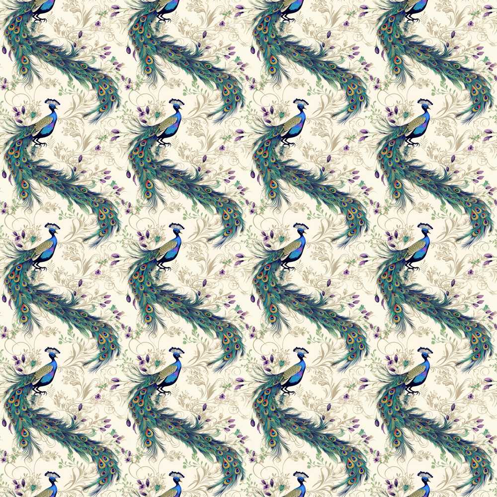 Ornate Peacock Birds with Decorative Floral Swirls Wildflower Pattern
