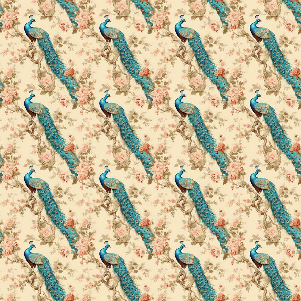 Classic Peacock Birds on Branch with Soft Floral Pattern