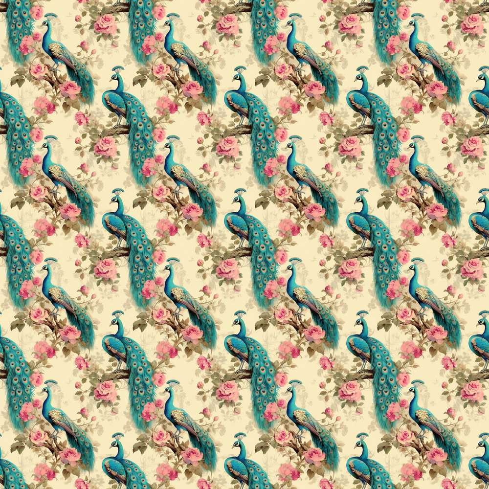 Vintage Peacock Birds with Pink Floral Garden Wildflower Pattern