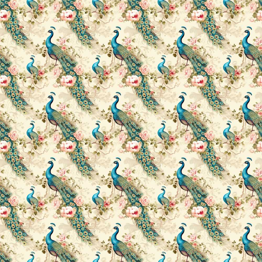 Vintage Peacock Birds with Pink Roses Floral Garden Wildflower