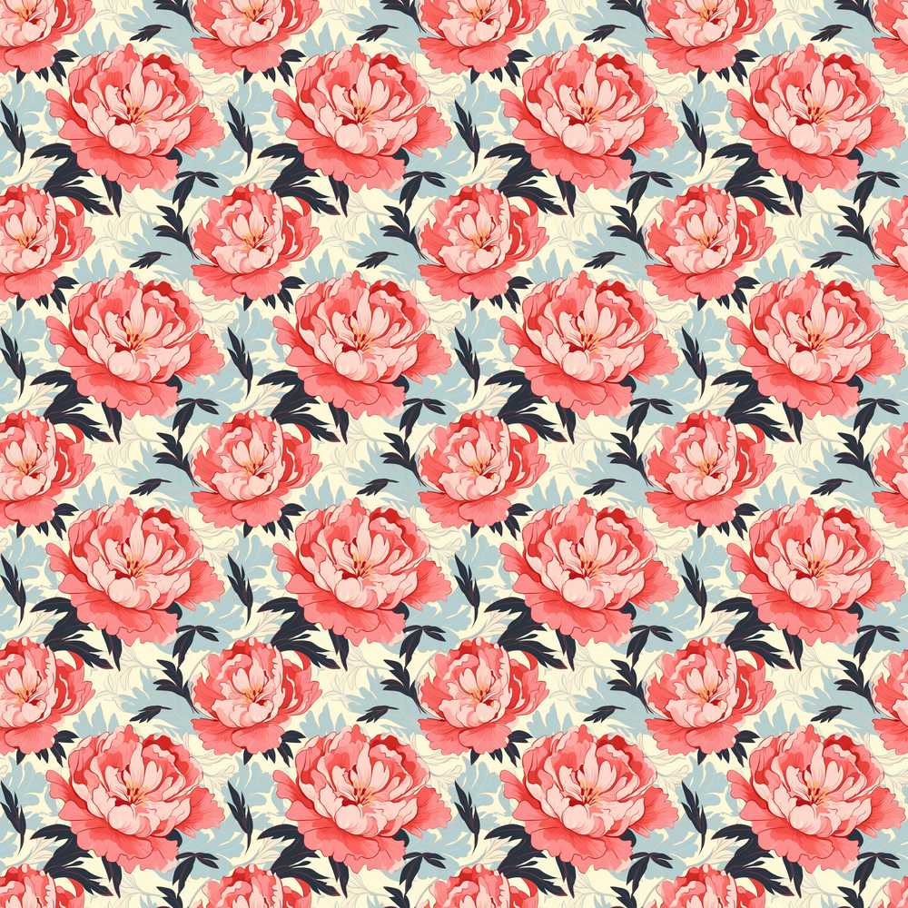 Coral Peony Flowers with Blue Leaves Elegant Wildflower Pattern