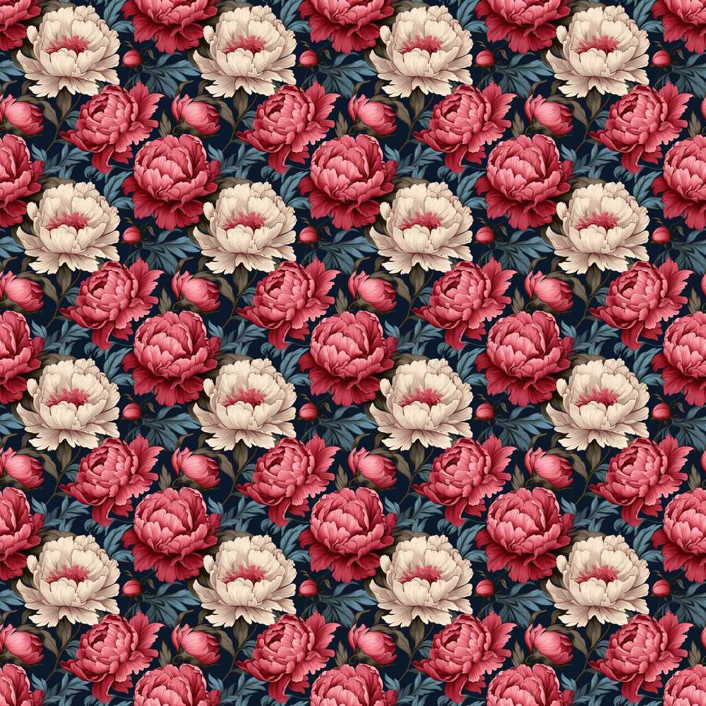 Rich Red and Cream Peony Flowers on Dark Navy Background
