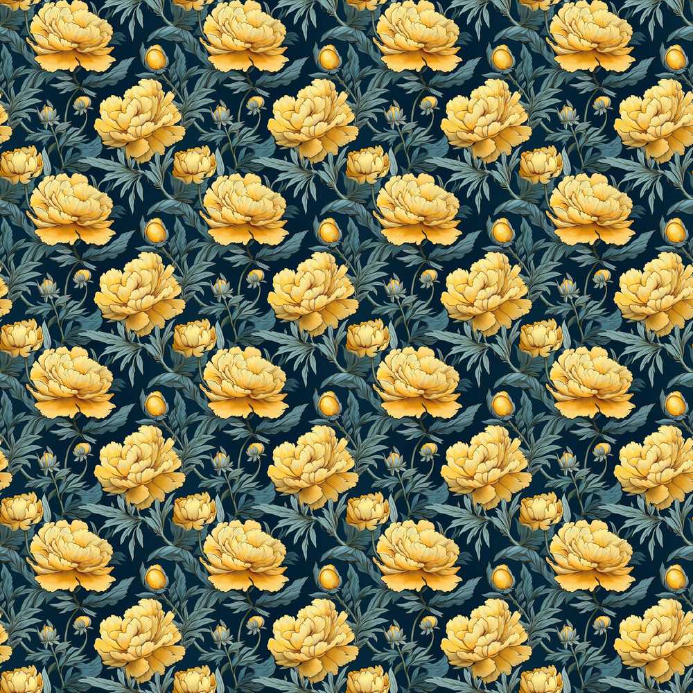 Golden Yellow Peony Flowers on Deep Blue Background Wildflower