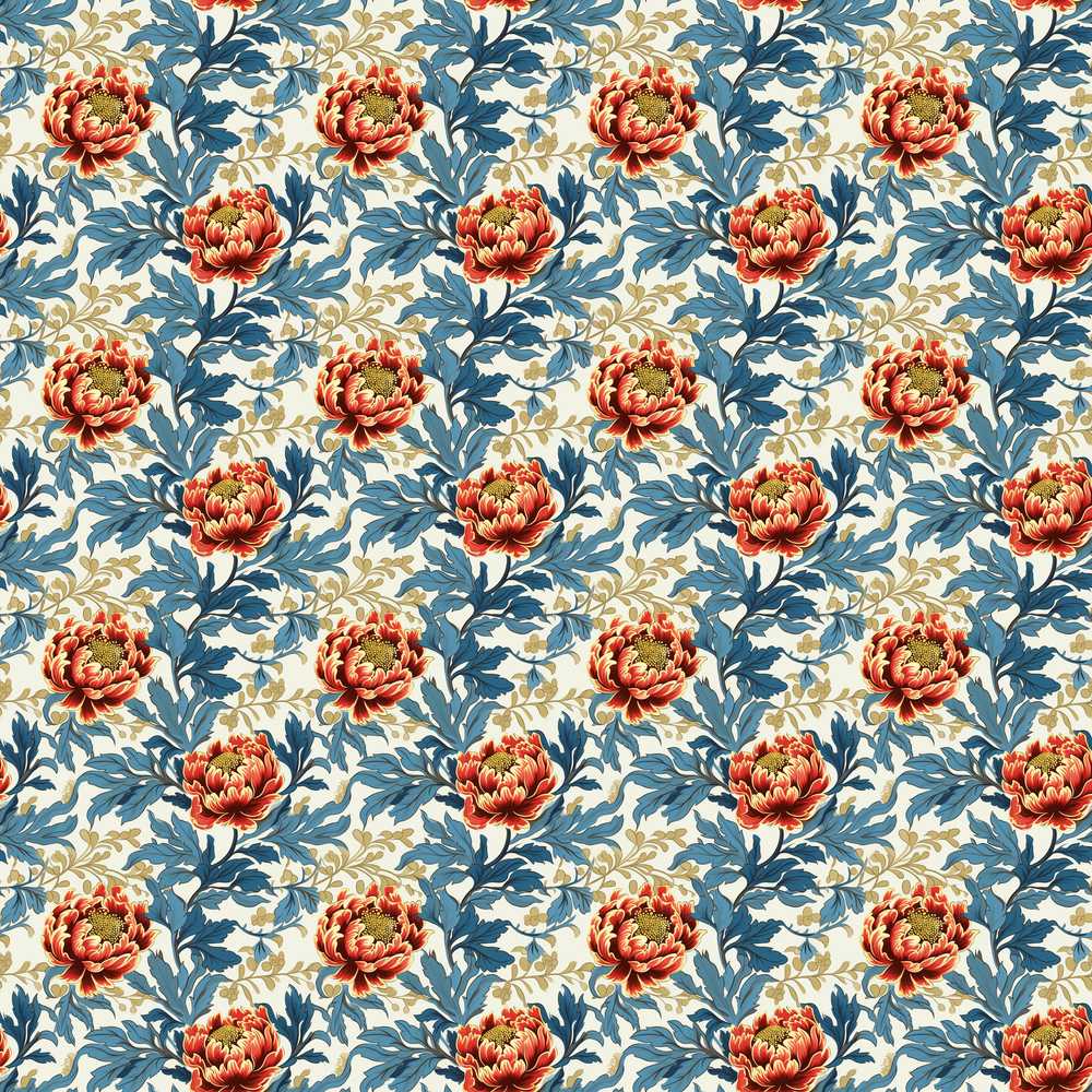 Red Floral Blossoms with Blue Leaves Vintage Style Wildflower
