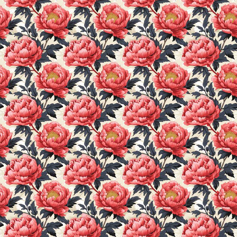 Coral Red Peony Flowers with Dark Leaves Wildflower Pattern