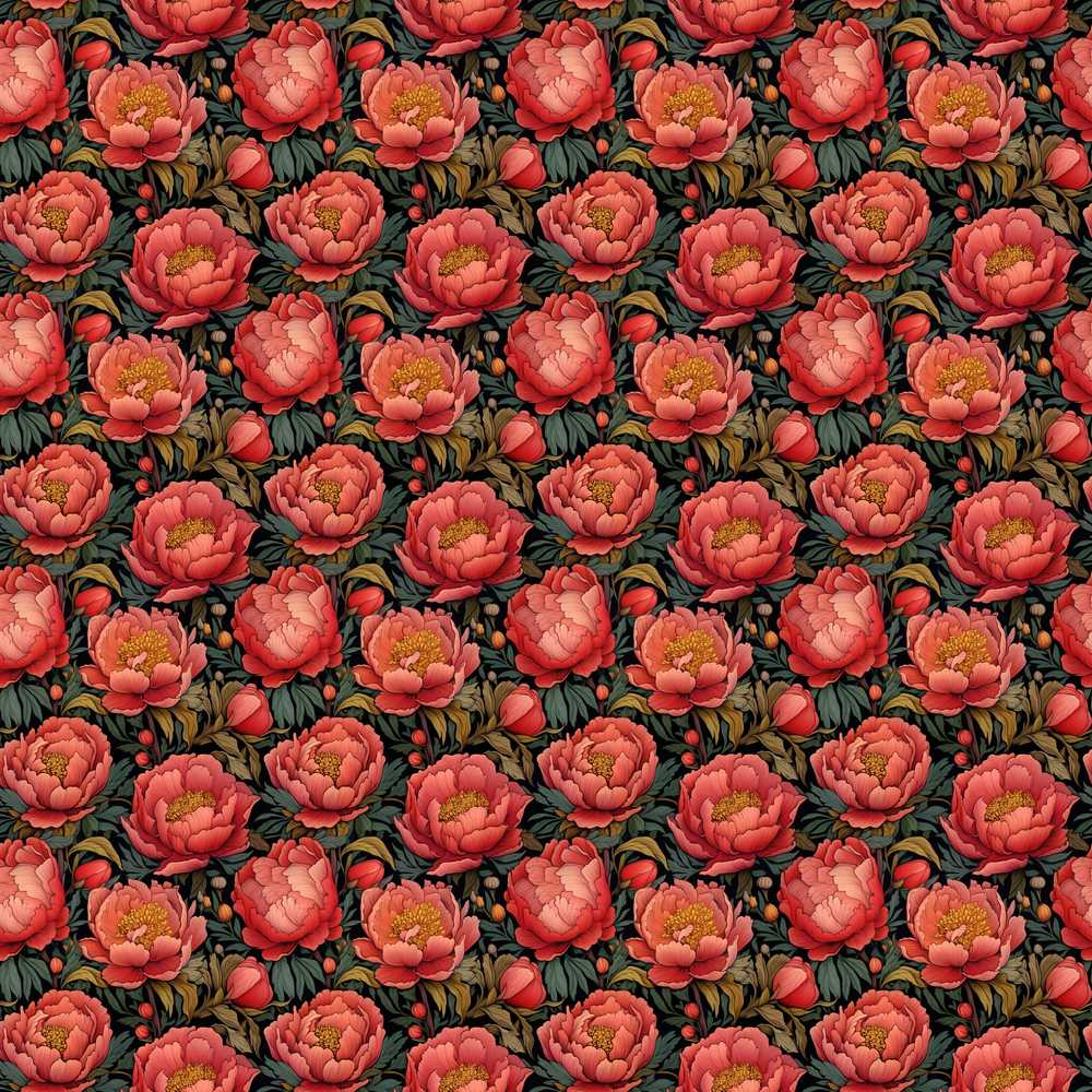 Deep Coral Peony Flowers with Dark Green Leaves Wildflower