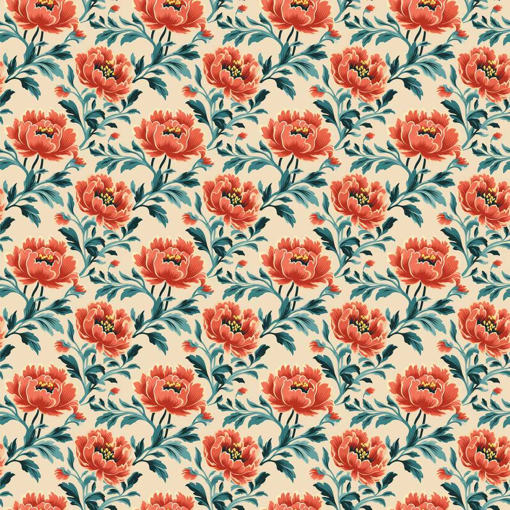 Vintage Coral Floral Blooms with Teal Leaves Beige Background