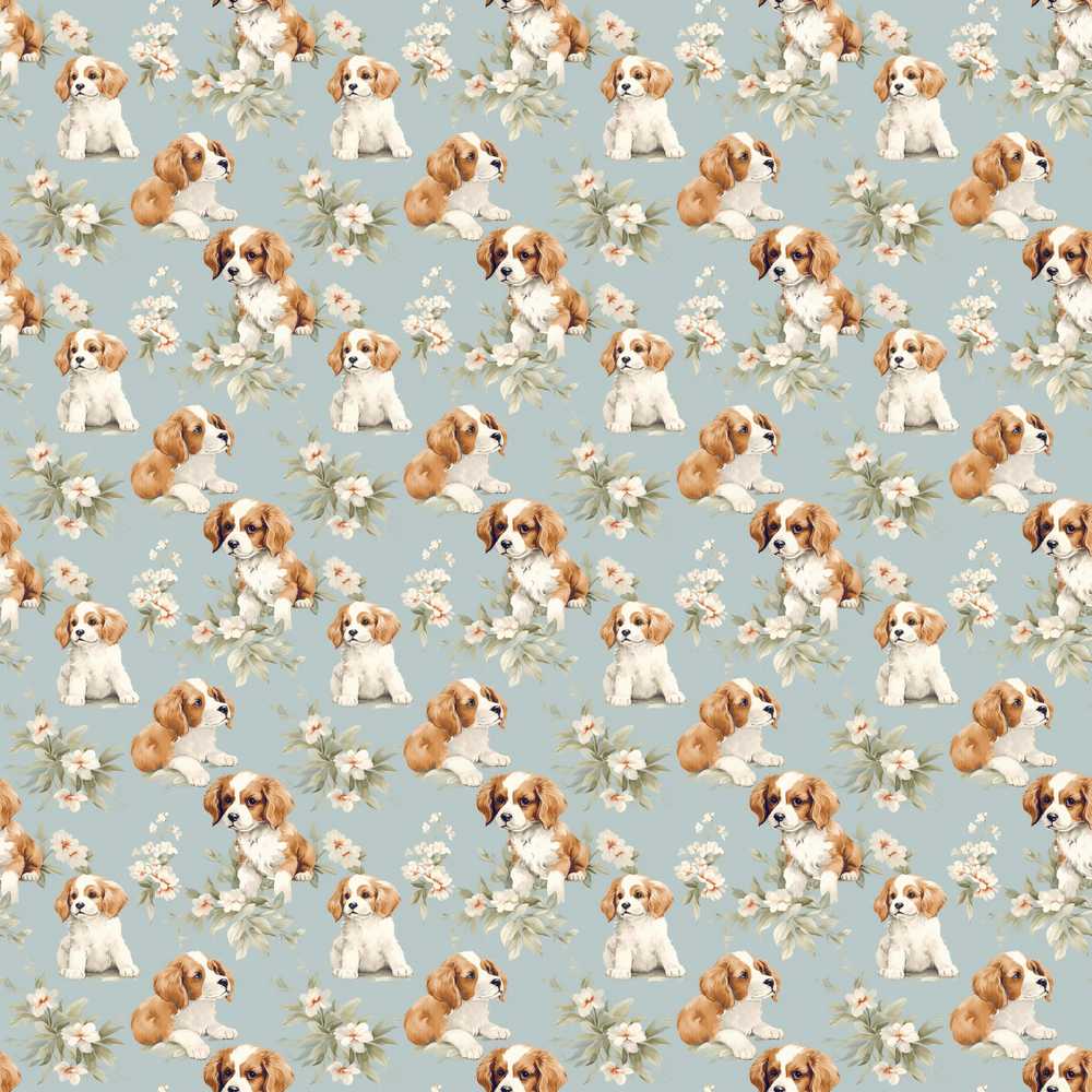 Adorable Puppy Dogs with Floral Elements Soft Blue Wildflower
