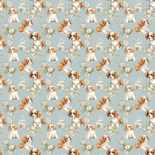 Adorable Puppy Dogs with Floral Elements Soft Blue Wildflower