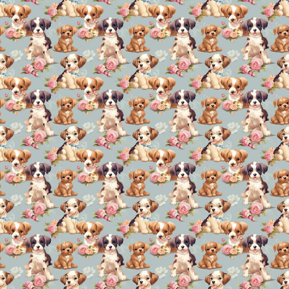Adorable Cartoon Puppies with Pink Roses Blue Background Wildflower