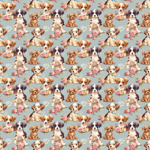 Adorable Cartoon Puppies with Pink Roses Blue Background Wildflower