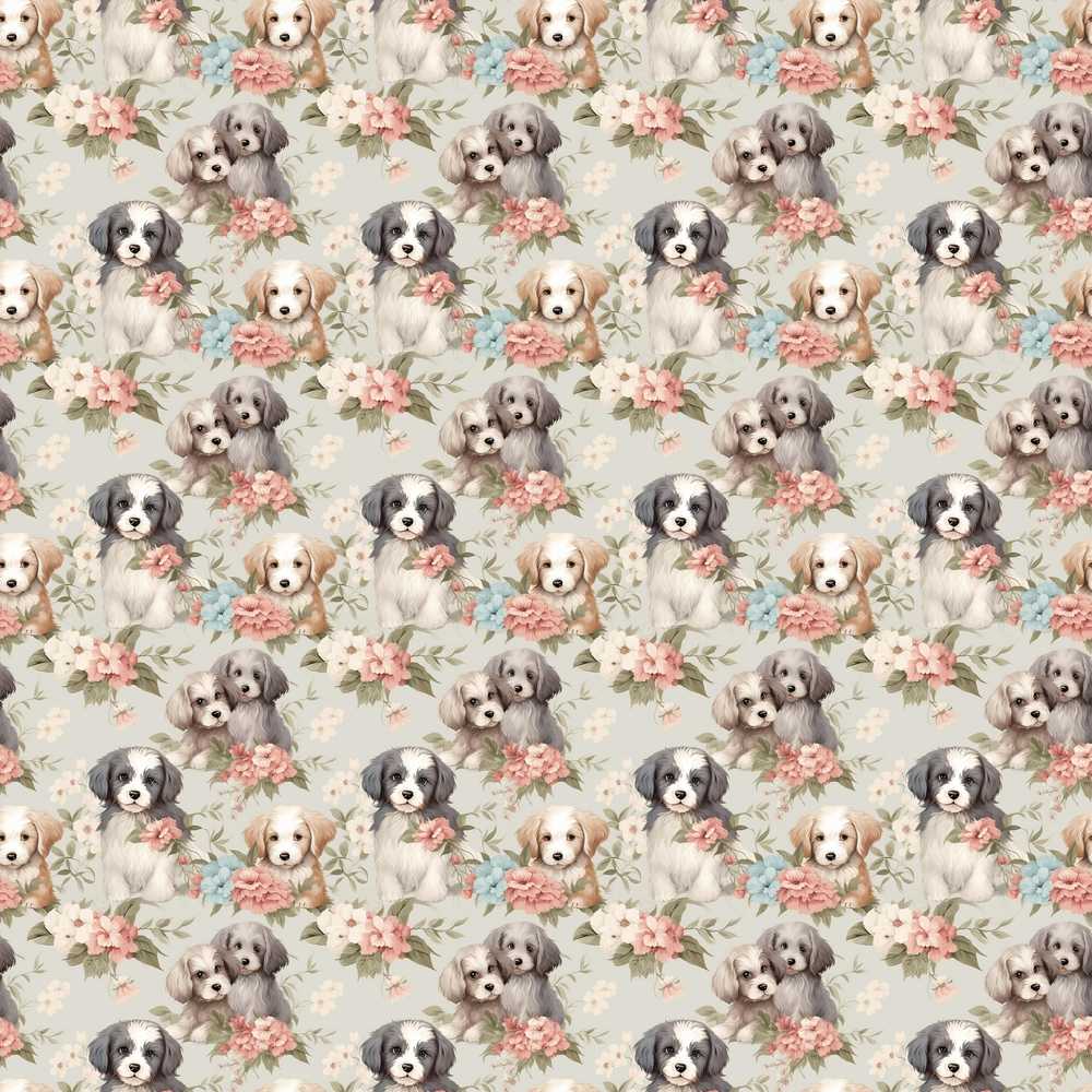 Soft Fluffy Puppies with Pastel Flowers Wildflower Pattern Botanical