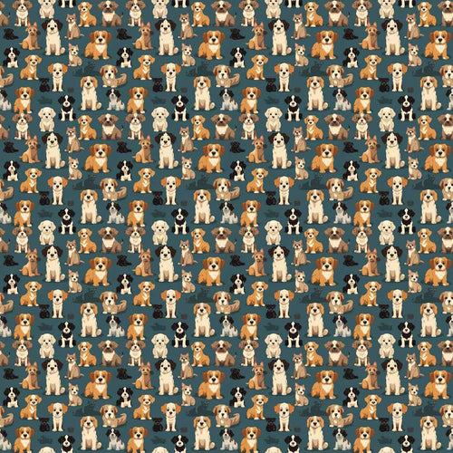 Adorable Cartoon Dogs Sitting on Dark Teal Decorative