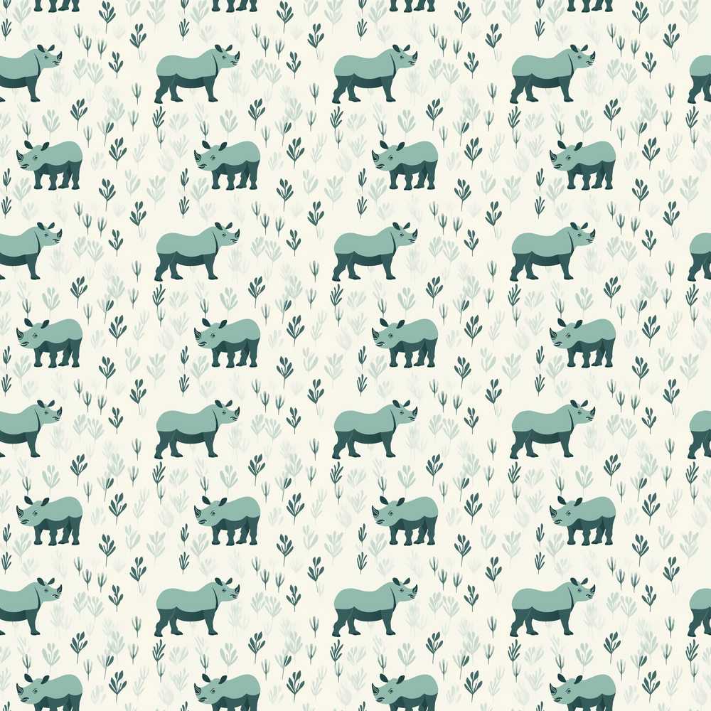 Cute Rhino with Minimal Leaf Elements Wildflower Pattern Botanical