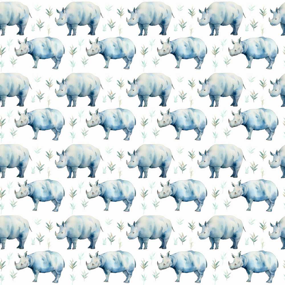 Soft Blue Watercolor Rhino with Minimal Leaves Wildflower Pattern