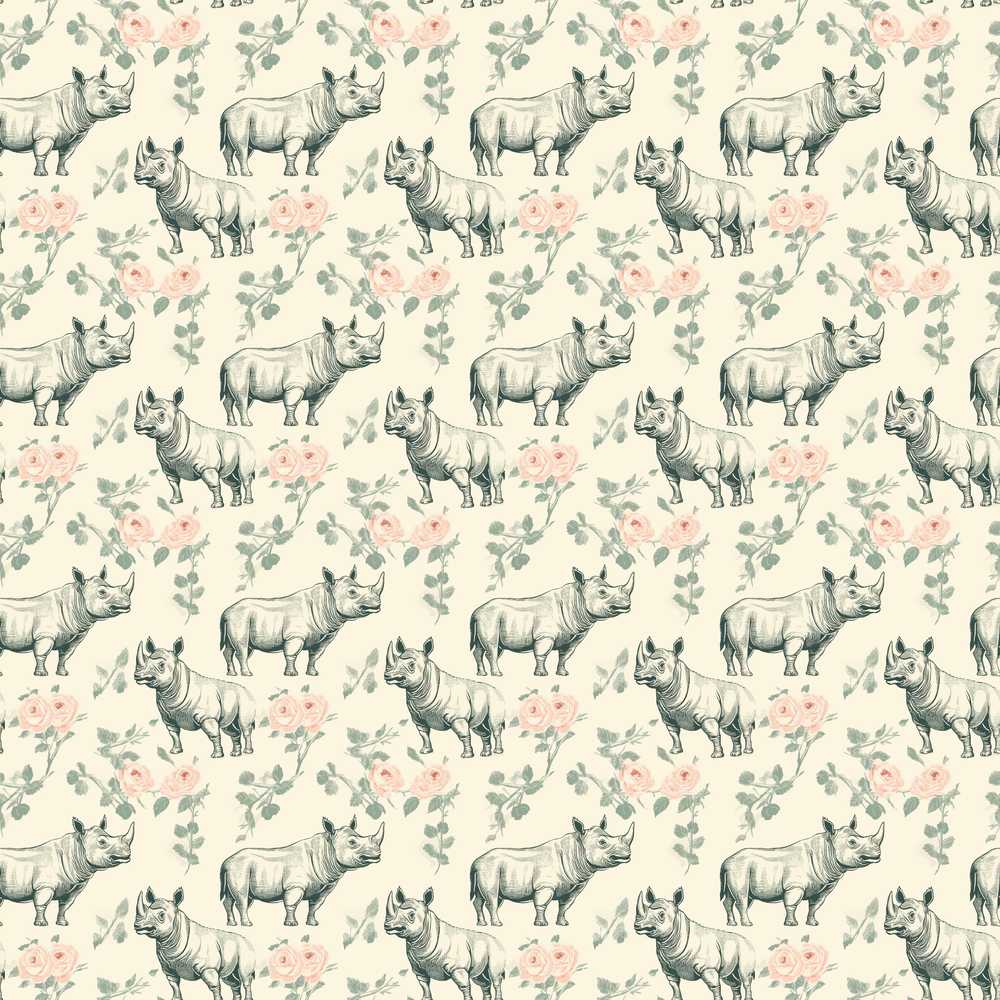 Classic Rhino Sketch with Floral Rose Details Wildflower Pattern