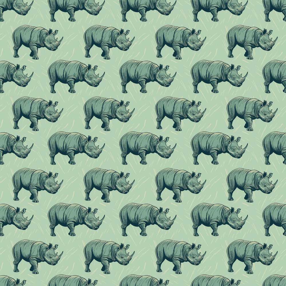 Detailed Engraved Rhino on Green Background Decorative Repeat