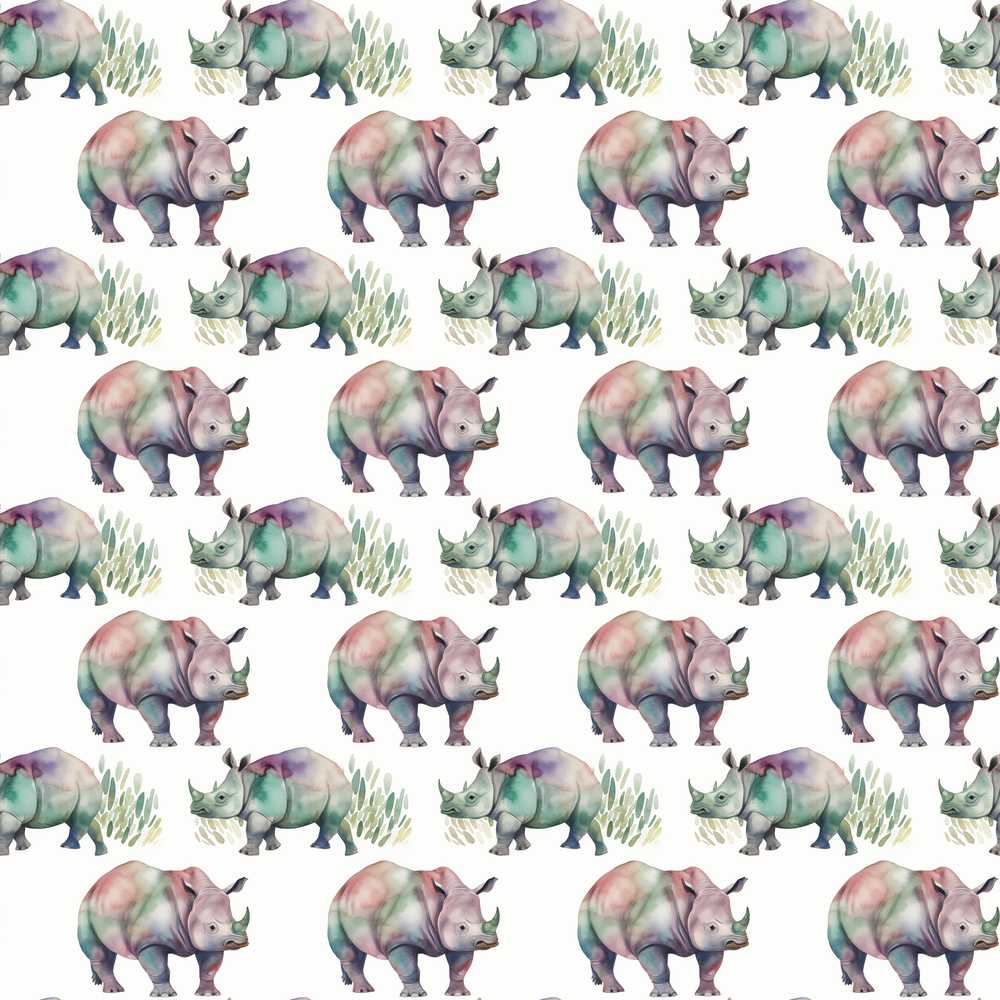 Colorful Watercolor Rhino with Soft Grass Elements Decorative