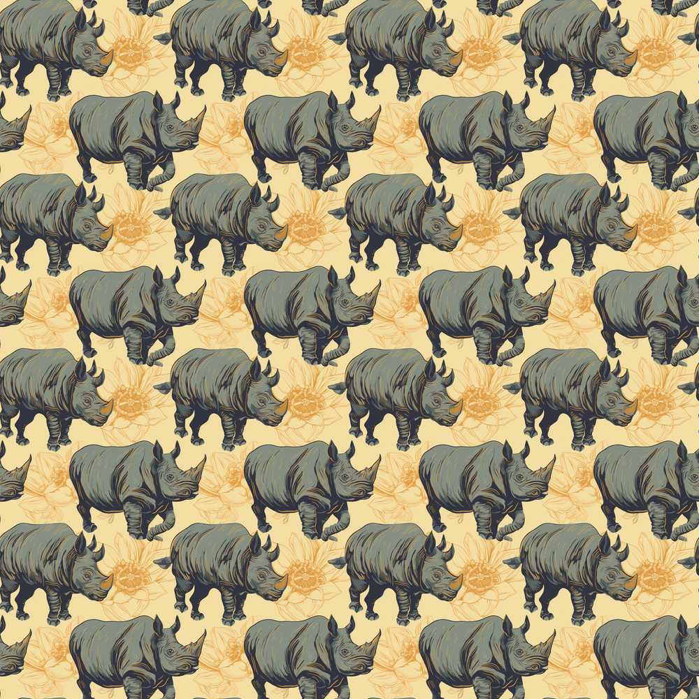Dark Rhino with Floral Line Art Background Wildflower Pattern