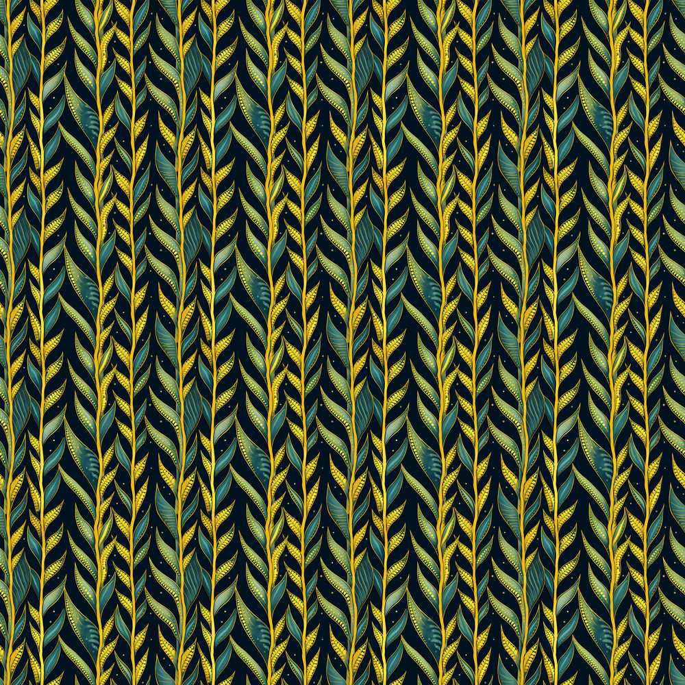 Elegant Golden Leaf Botanical on Dark Background Wildflower Pattern