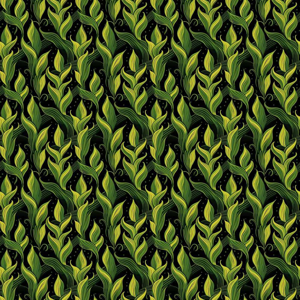 Lush Green Tropical Leaves on Dark Background Wildflower Pattern
